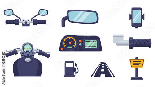 Motorcycle parts and road elements set in flat style