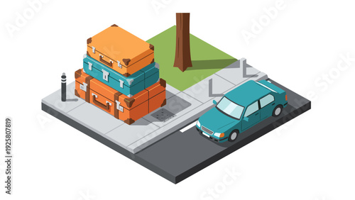 Isometric city scene with parking car and luggage by tree on sidewalk