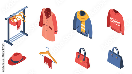 Isometric autumn fashion collection: coats, sweaters, accessories, and hats