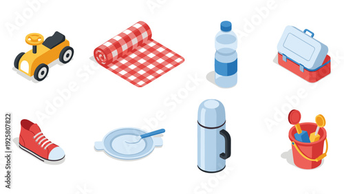 Isometric picnic elements: toys, food, and drink essentials for outdoor fun