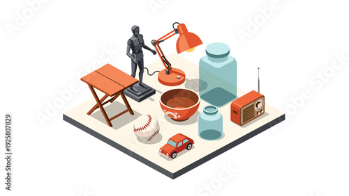 Isometric retro objects with modern robot and vintage radio on display