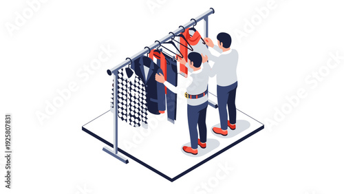 Isometric shopping scene with customers browsing clothing rack