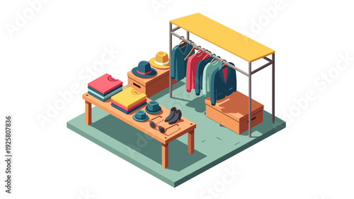 Isometric clothing store display with apparel and accessories