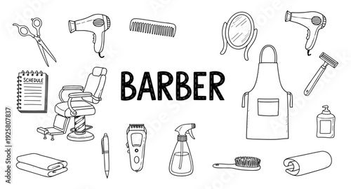 Collection of hand-drawn barber shop tools and equipment arranged around the word BARBER