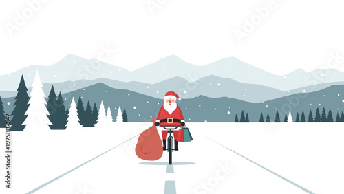 Santa cycling through winter landscape with snowy mountains
