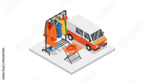 Isometric fashion van and clothing display in urban setting