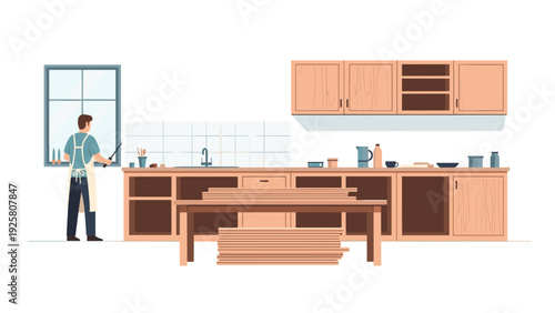 Home cooking scene with man preparing meal in modern kitchen