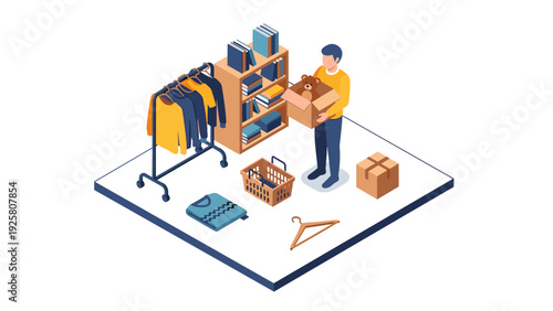 Organizing clothes and books in isometric room with shelves and boxes