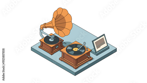 Retro music setup with vintage gramophone and turntables in isometric style
