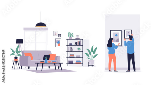 Modern living room scene with people arranging wall art