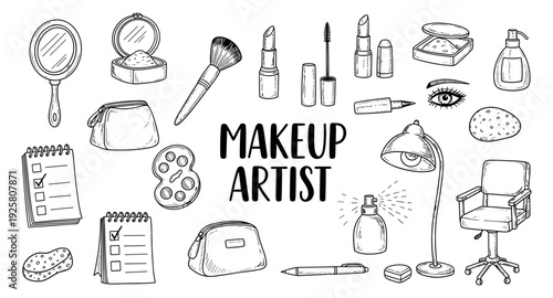 Hand-drawn collection of makeup artist tools and supplies for beauty professionals