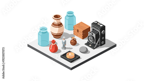Vintage objects and camera in isometric layout with pottery and glass jars