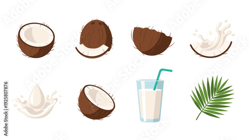 Tropical coconut elements and refreshing drink with splashing milk in flat style