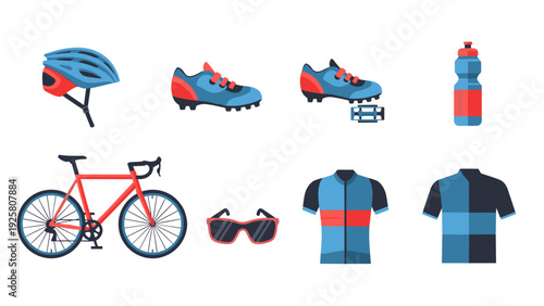 Bicycle equipment set: helmet, shoes, water bottle, and accessories for cycling enthusiasts