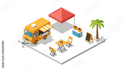 Vibrant food truck scene with outdoor seating and palm tree in isometric style