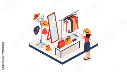 Isometric fashion boutique display with clothes, accessories, and mirror