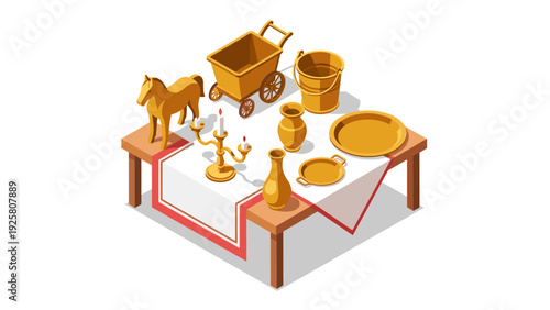 Isometric antique gold objects on table with red trimmed cloth