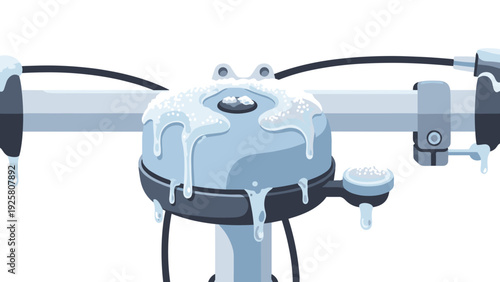 Flat design of icy winter bicycle handlebar close-up with snow and ice
