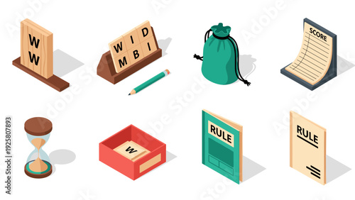 Isometric board game elements with letters, rule book, and score sheet