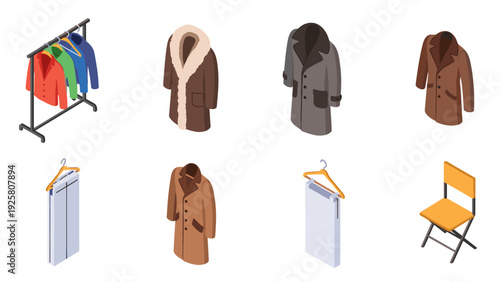 Isometric winter coat collection with folded clothes rack and chair