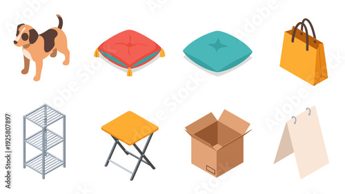 Isometric icons of everyday items: dog, cushions, shopping bag, rack, stool, box, calendar