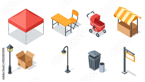 Isometric urban elements: canopy, desk, baby carriage, market stall, streetlamp, and more