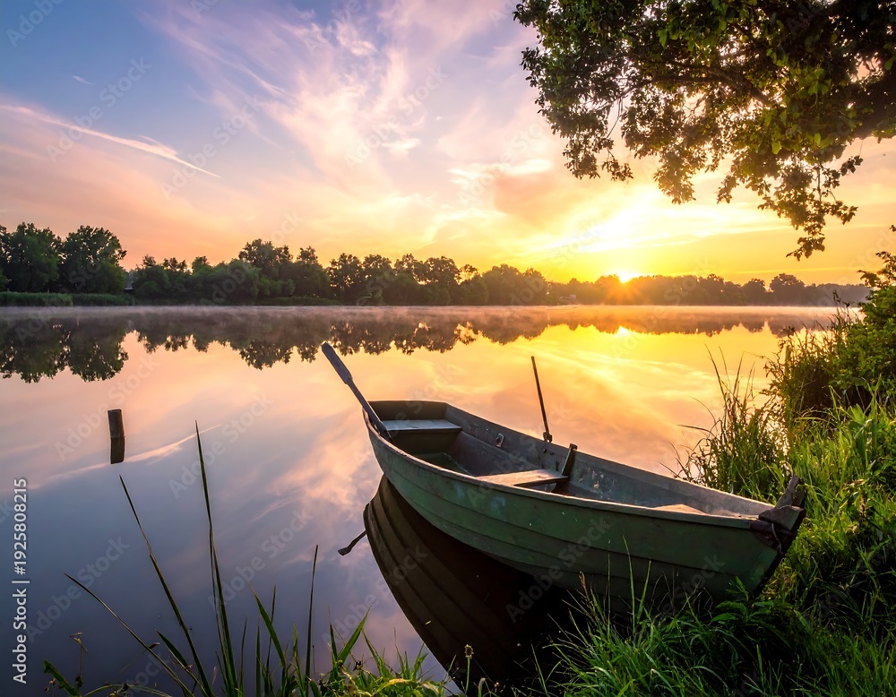 Obraz premium Serene sunrise over water with an empty rowboat docked along a grassy bank