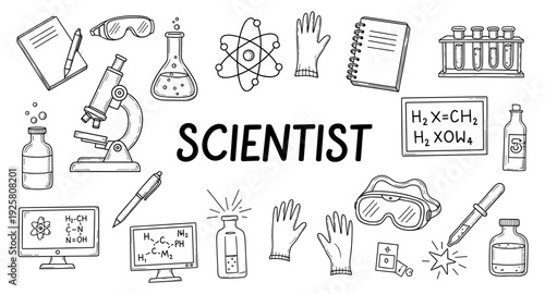 Doodle illustration of scientific equipment and symbols for a scientist's workspace