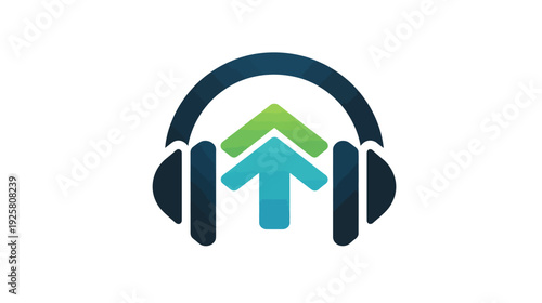 Modern logo featuring headphones surrounding an upward pointing arrow, in shades of blue and green