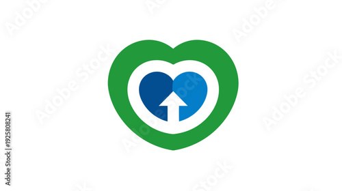 A layered emblem featuring hearts in green, white, and two shades of blue with an upward-pointing arrow