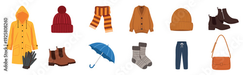 Collection of autumn winter clothing and accessories including a raincoat, scarf, hat, boots, and umbrella in a flat vector illustration style for seasonal fashion concepts