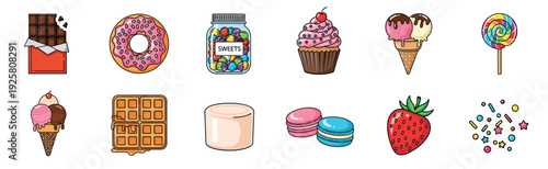 Vibrant assortment of delicious sweet treats and desserts, including chocolate, donuts, cupcakes, ice cream, and candies, presented in a cheerful cartoon vector illustration style