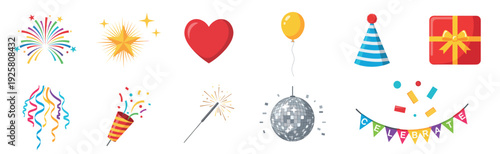 Vibrant set of flat vector celebration icons featuring a disco ball, fireworks, party popper, gift box, heart, and festive decorations for holidays and birthdays