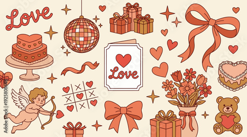 Whimsical Valentine's Day collage with hearts, gifts, cake, bows, Cupid, flowers and a love letter in a cute romantic illustration