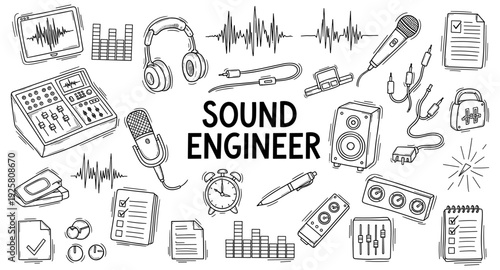 Sound engineer's essential tools and equipment illustrated in a doodle style