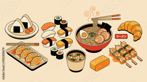 Assorted Japanese sushi and ramen feast featuring nigiri, maki rolls, sashimi, tamago, miso soup, and a ramen bowl on a light background