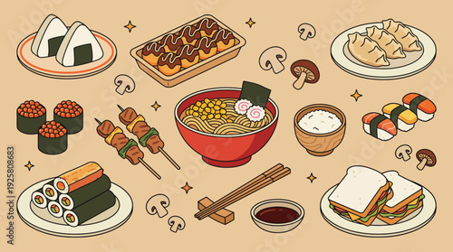 Colorful collage of popular Asian dishes featuring sushi, ramen, dumplings, and skewers in a playful illustration