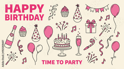 Happy Birthday Party Doodles: Celebration Illustration with Cake, Balloons, Gifts, Confetti, Hats and Champagne for Invitations and Cards