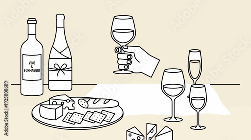 Minimalist wine and cheese tasting scene with bottles, a hand holding a glass, and a cheese board on a neutral table.