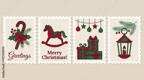 Collection of four vintage Christmas stamps showcasing festive illustrations: a wreath with greetings, a rocking horse, a wrapped gift with ornaments, and a lantern.