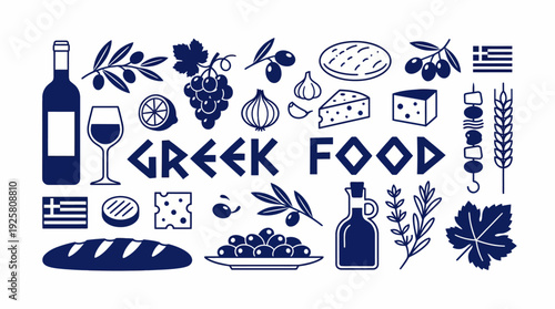 Greek Food Icons Illustration featuring wine, bread, cheese, olives, herbs and Greece flag – Mediterranean ingredients