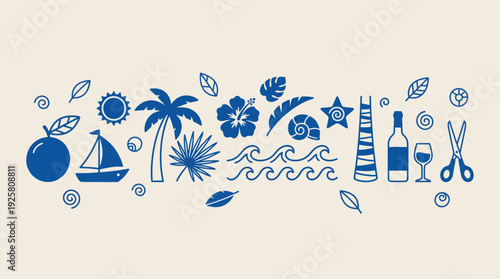 Blue tropical beach icon set: palm trees, sun, waves, sailboat, lighthouse, shells and fruits – decorative vector illustration for travel, vacation and seaside themes
