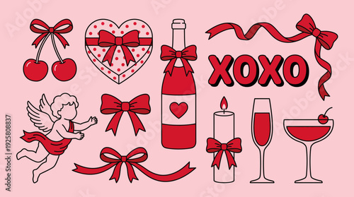 Valentine's Day Romance Doodles: Hearts, Cupid, Ribbons, Wine Bottle and Glasses for Love-Themed Design