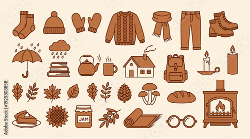 Brown line art icon set of winter clothing and cozy home items: socks, hats, gloves, sweaters, coats, boots, mugs, umbrellas and more.