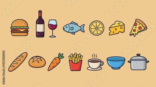 Assorted food and drink icons on a beige background featuring burger, fish, baguette, bread, cheese, pizza, fries, carrot, lemon, wine and cups