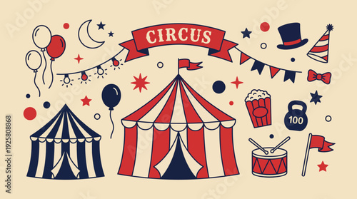 Whimsical circus scene with red-and-white striped tents, banners, balloons, top hat, drum, and popcorn in a playful illustration