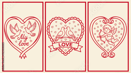 Three vintage-style red love heart designs with floral filigree, ribbons, and doves on a beige background, ideal for Valentine graphics