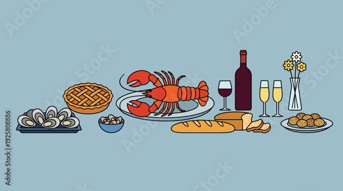 Whimsical seafood dinner scene featuring lobster, oysters, a lattice pie, bread, a bottle of wine, and condiments on a light blue table.