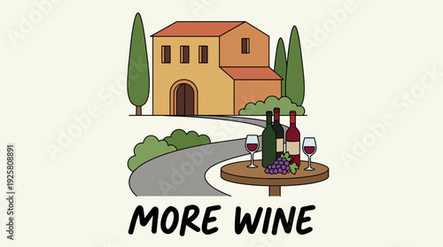 Whimsical countryside house scene featuring an outdoor wine tasting platter with bottles and glasses