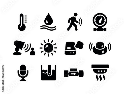 Solid vector icons of connected monitoring devices: temperature sensor, humidity sensor, motion sensor, pressure sensor,